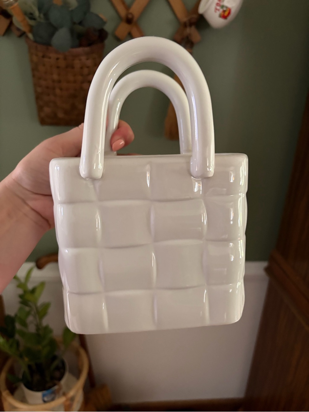 White Quilted Ceramic Tote Decorative Bag